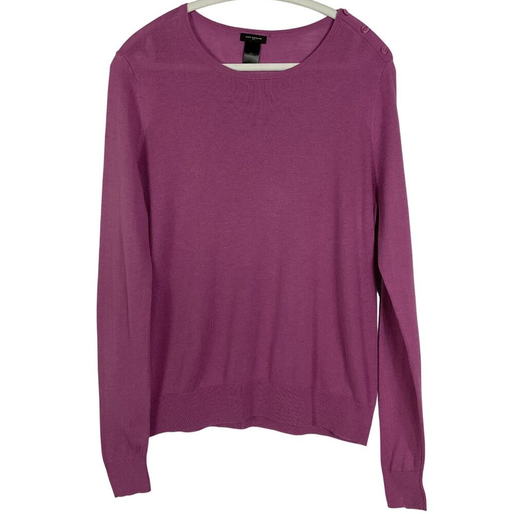 Ann Taylor Factory Lightweight, Crewneck, Button-shoulder Sweater, XL, Plum
